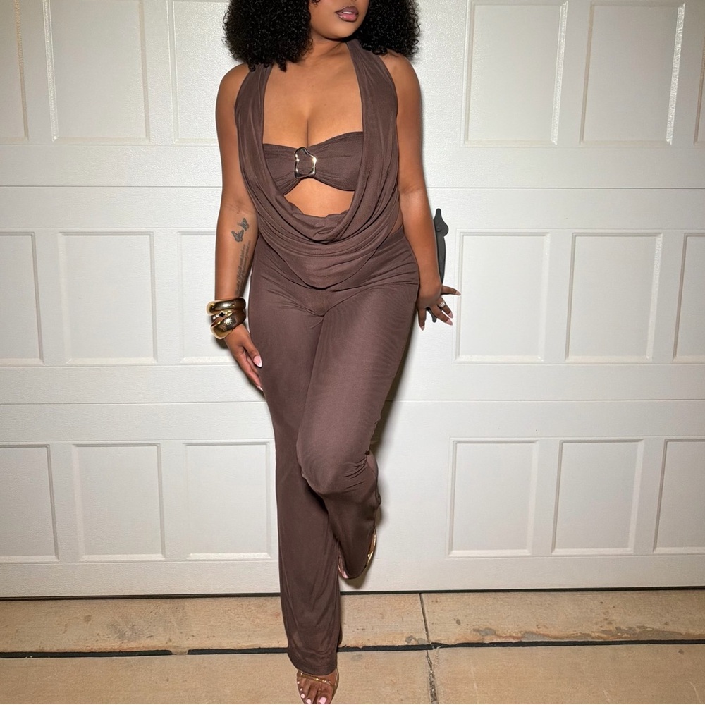 Draped Halter 3 Piece Set in Chocolate Brown